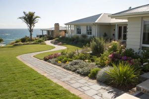 Front yard landscaping Central Coast with native plants and paver pathway
