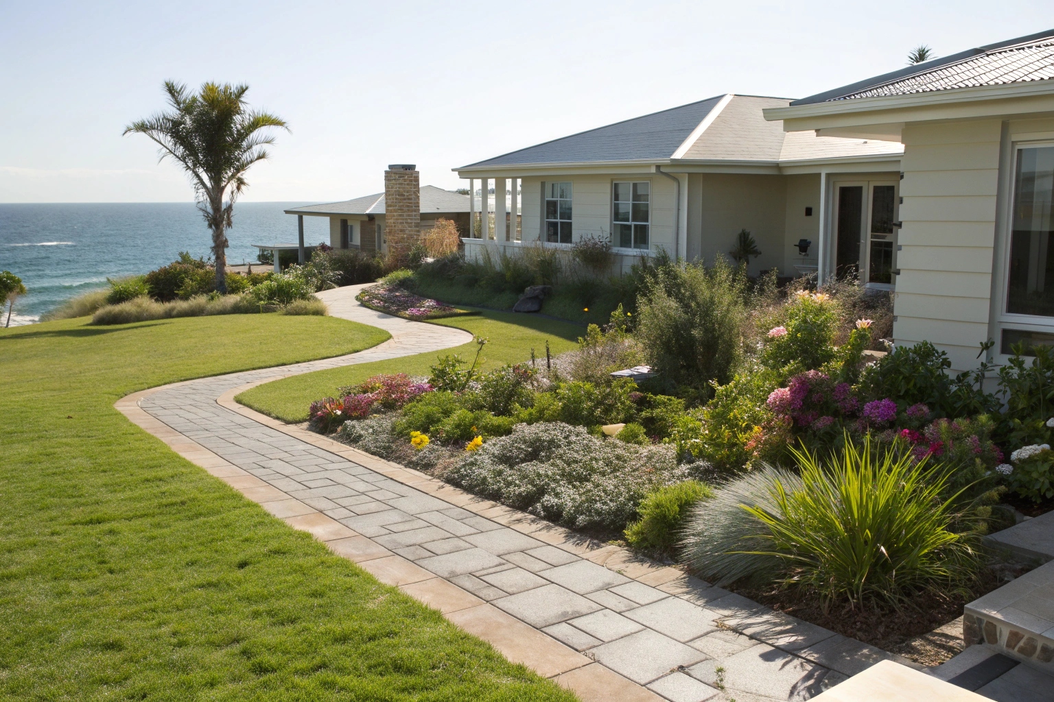 Front yard landscaping Central Coast with native plants and paver pathway