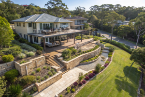 Completed landscape architecture project Central Coast featuring multi-level outdoor living spaces
