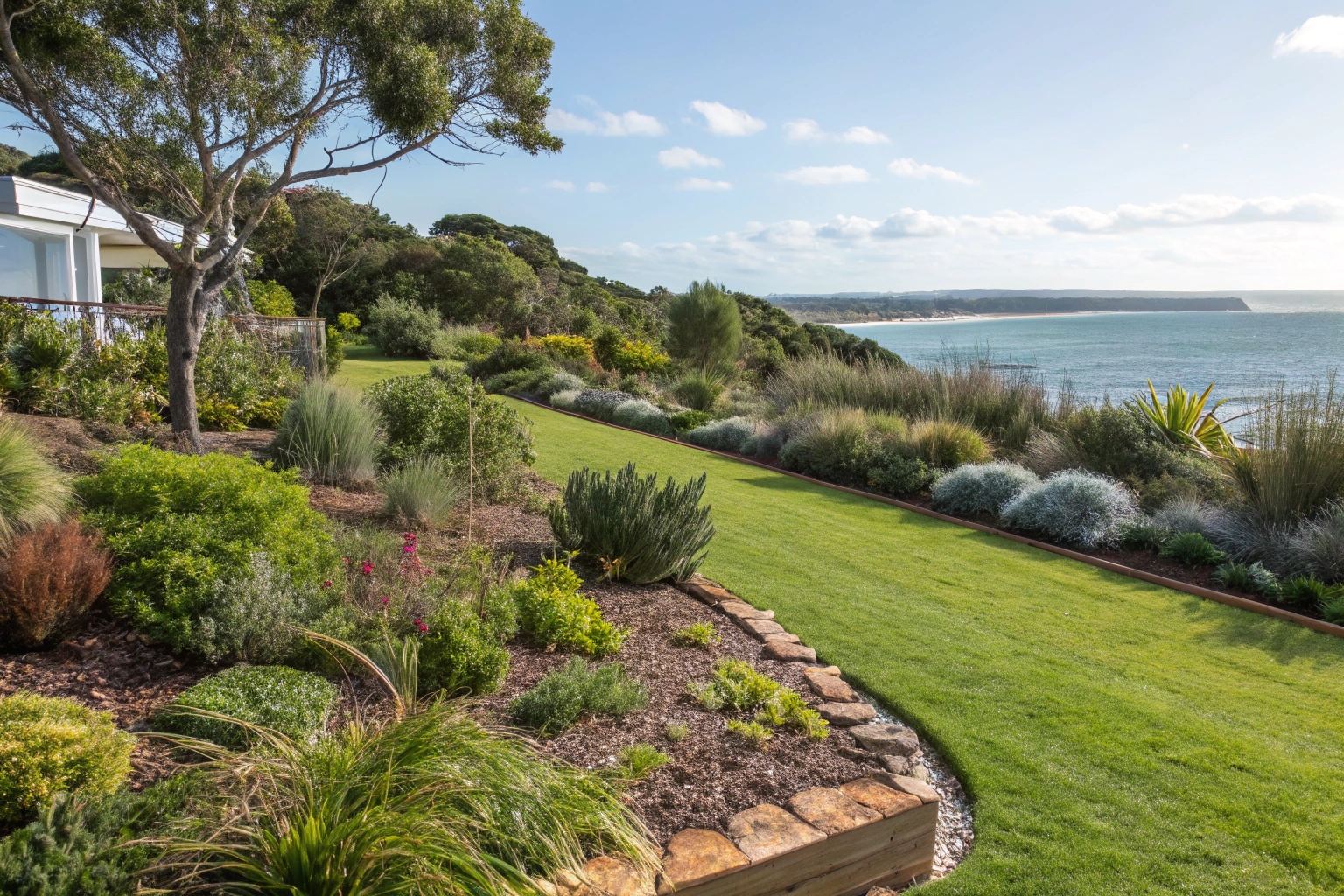 Native garden beds and lawn area backyard landscaping Central Coast