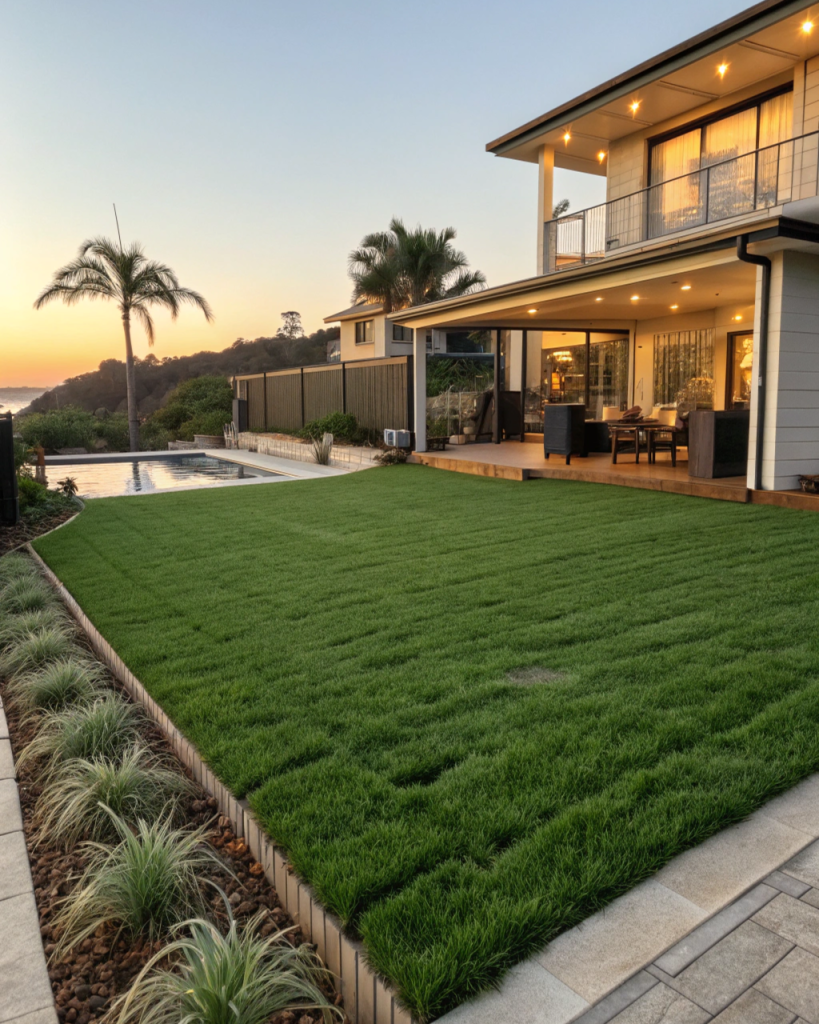 freshly laid sir walter turf in central coast back