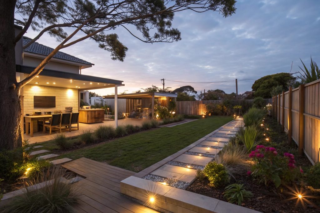 Outdoor lighting design for backyard landscaping Central Coast evening entertaining