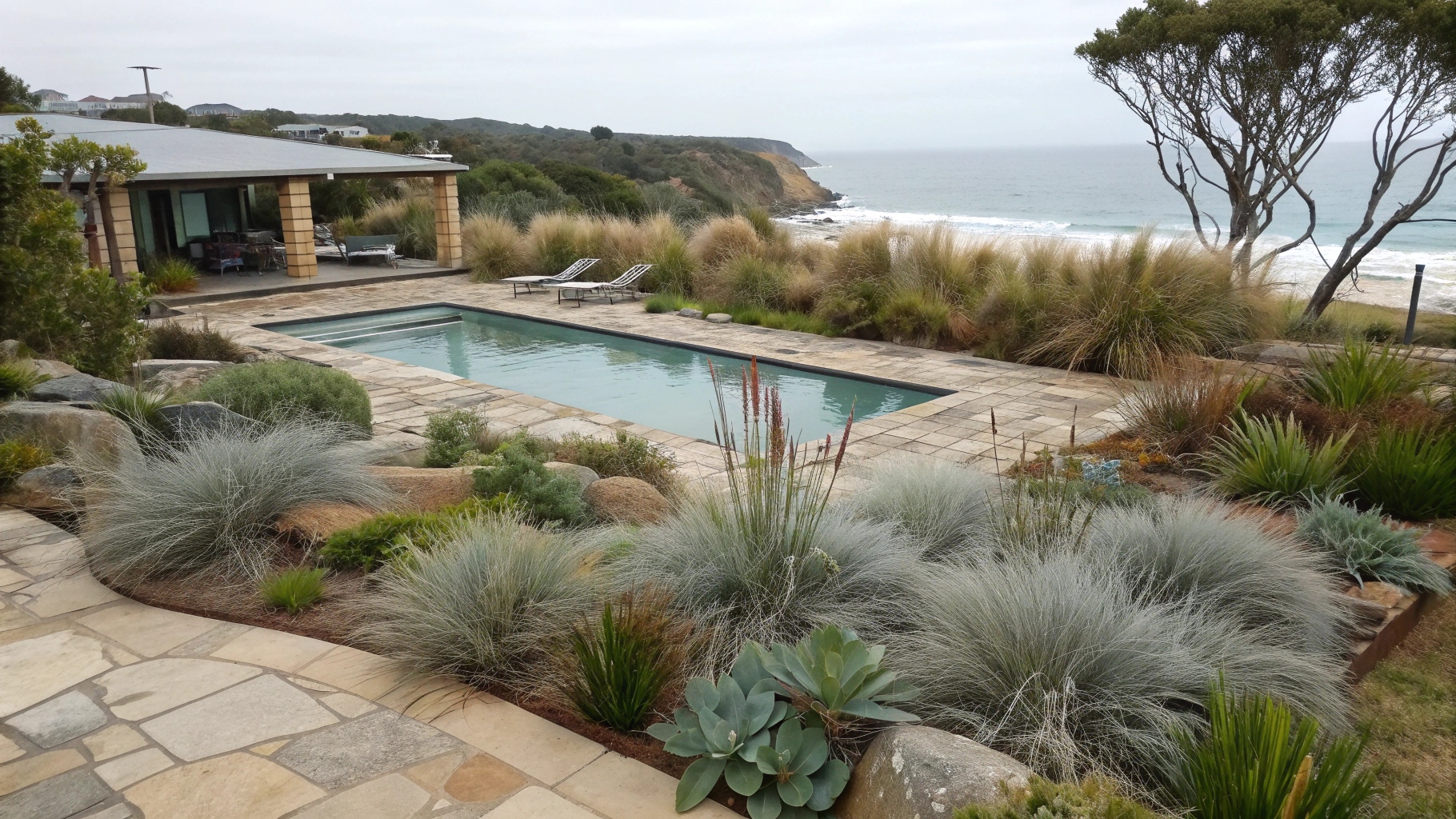 Central Coast pool surround with salt-tolerant native plants and coastal landscaping