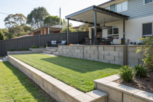 Retaining wall transforms sloping Central Coast backyard into level entertaining area
