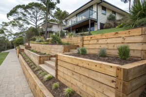 Timber sleeper retaining wall creating terraced garden beds on Central Coast property