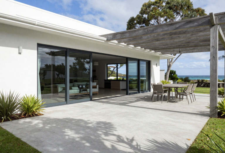 Modern outdoor patio with light grey concrete pavers in stretcher bond pattern