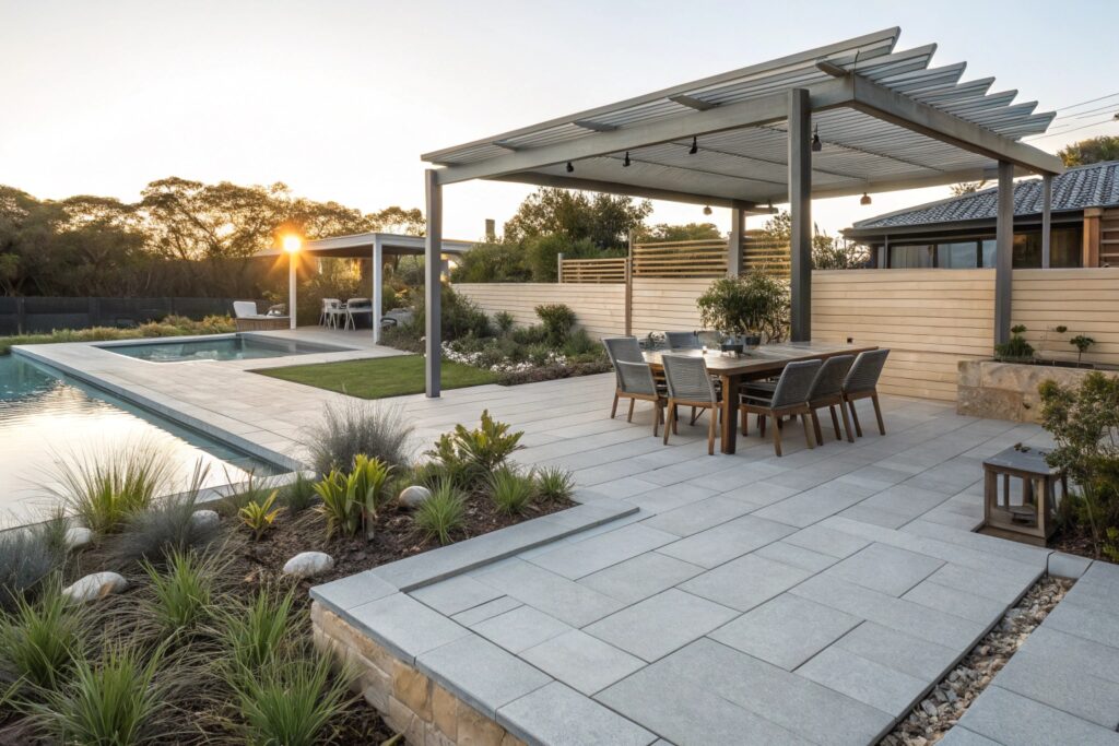 Central Coast pool entertaining area with cool-touch concrete paver surround