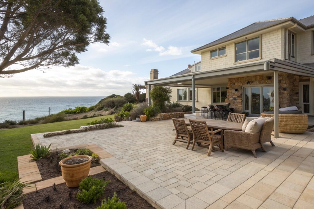 Restored paver patio creating attractive outdoor living space Central Coast home