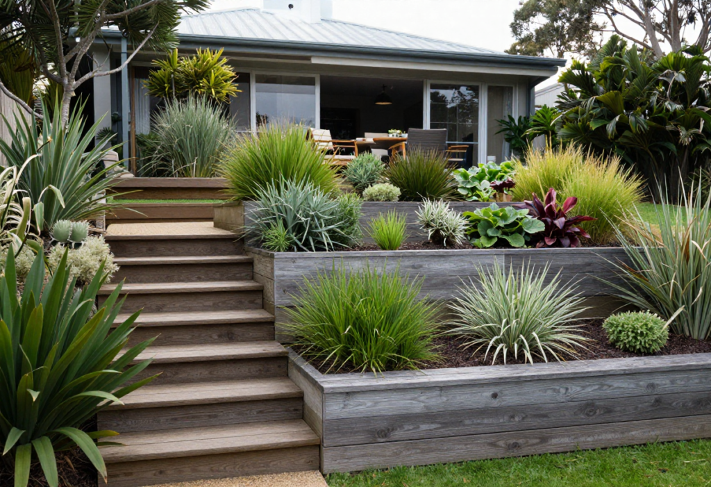 beautifully terraced backyard garden on the Australian Central Coast