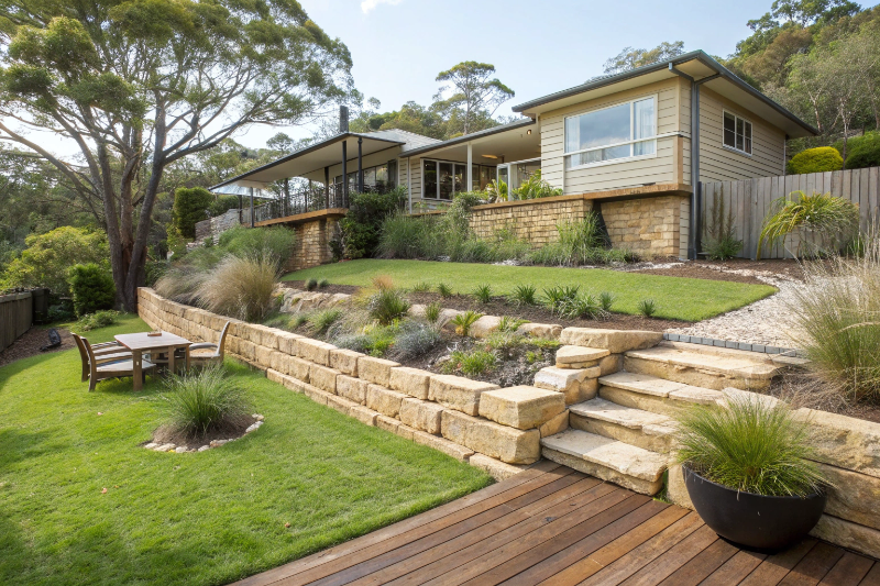 Completed garden design and installation with native coastal plants, sandstone retaining walls and timber deck in Central Coast NSW suburban backyard