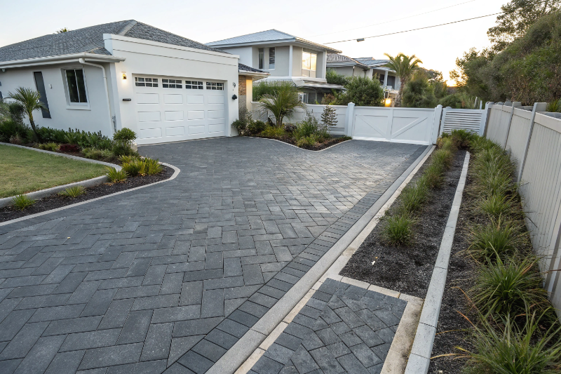 Modern charcoal paver driveway with herringbone pattern Central Coast home