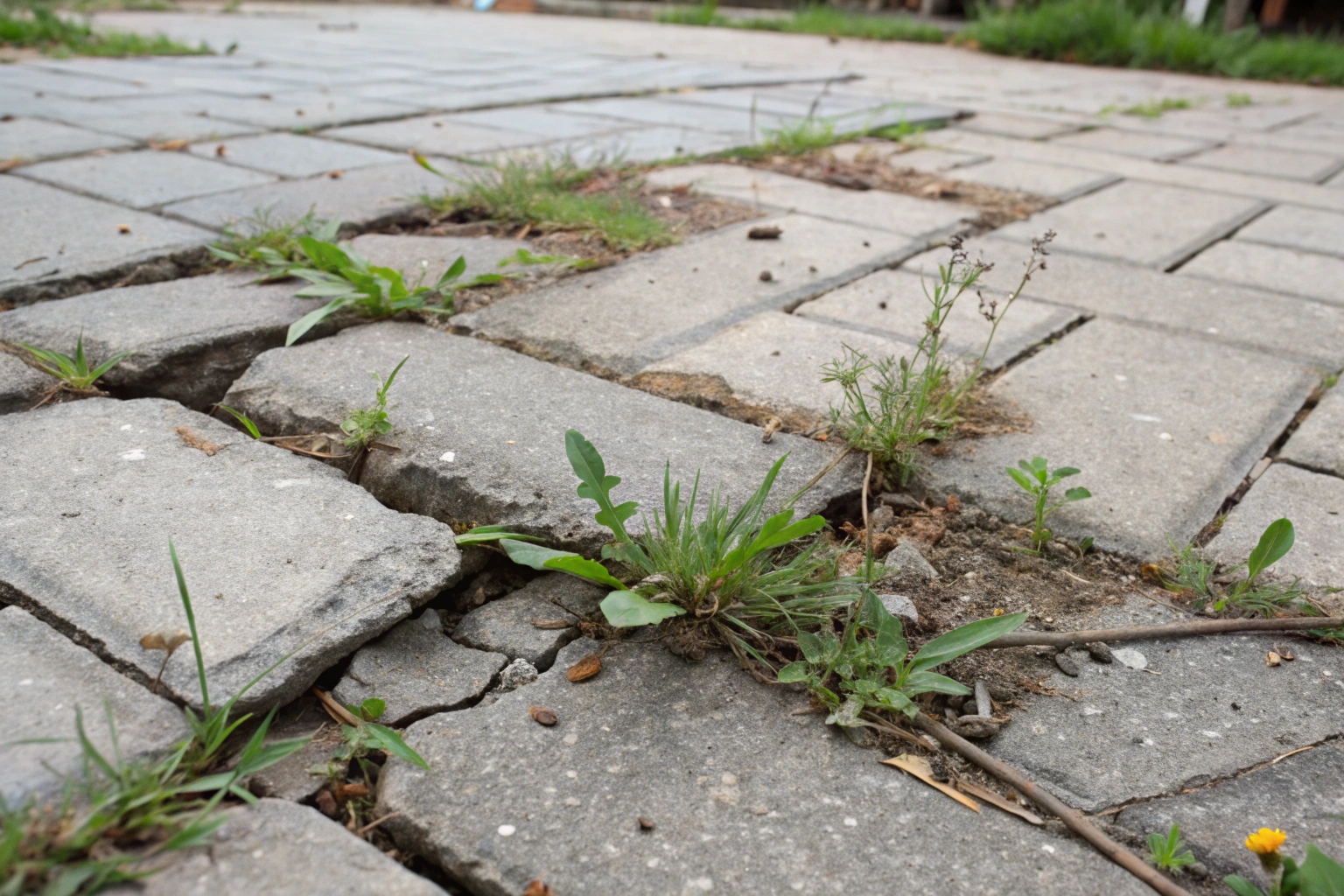 Cracked pavers and weed growth between paving joints needing restoration