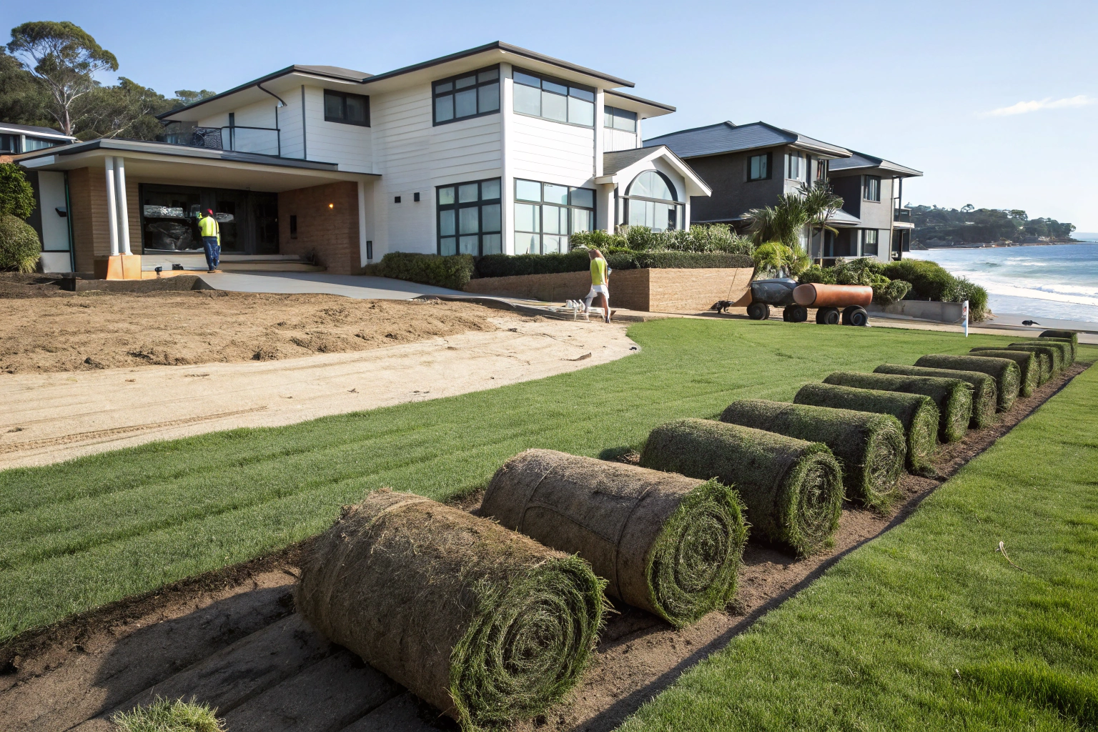 fresh rolled turf being installed on residential c