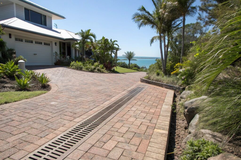 Clay brick paver driveway with drainage system installed