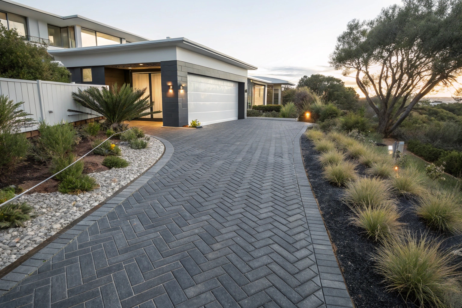 Charcoal herringbone paver driveway Central Coast home