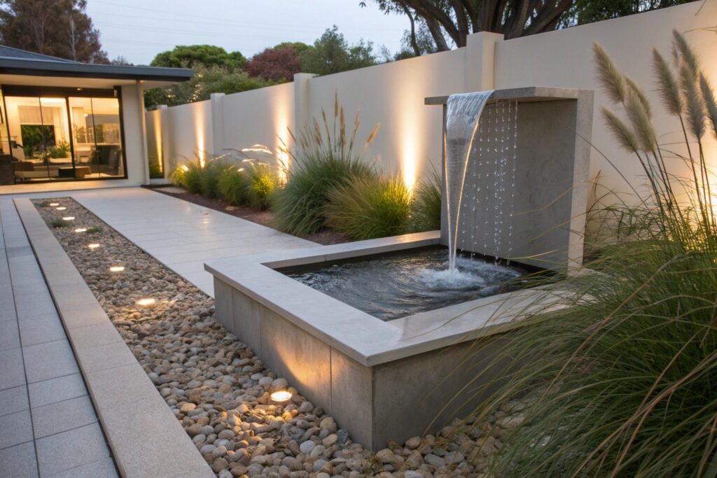Modern minimalist fountain water feature in Central Coast garden