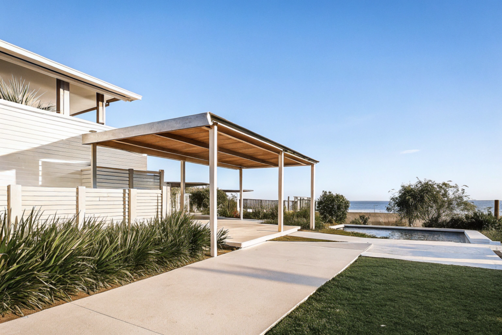 modern timber pergola attached to a contemporary