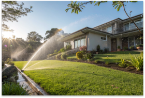 Pop-up sprinkler irrigation system installed in Terrigal lawn Central Coast showing even water coverage