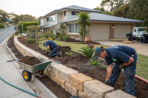 Professional landscaping team installing garden beds, irrigation system and sandstone edging during Central Coast garden transformation project