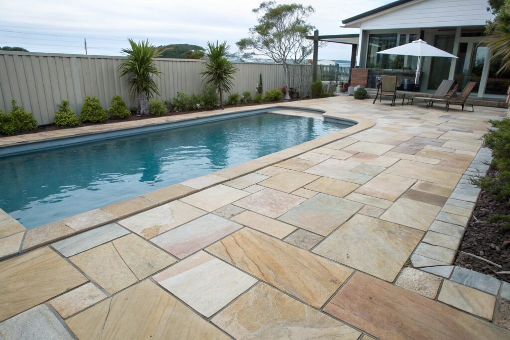 Sandstone pool surround paving Central Coast residential property