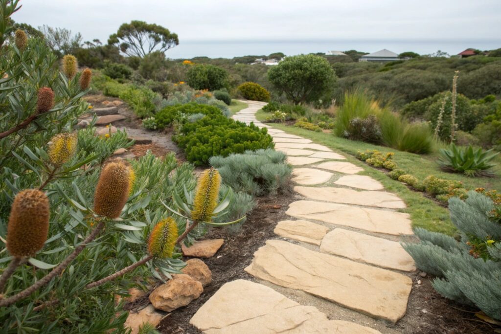 Sandstone stepping stone pathway through coastal native garden Central Coast