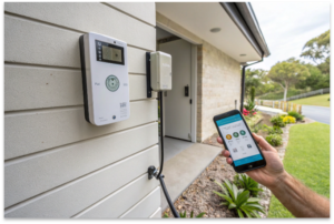 Smart WiFi irrigation controller mounted in garage with mobile app control for Central Coast automated watering