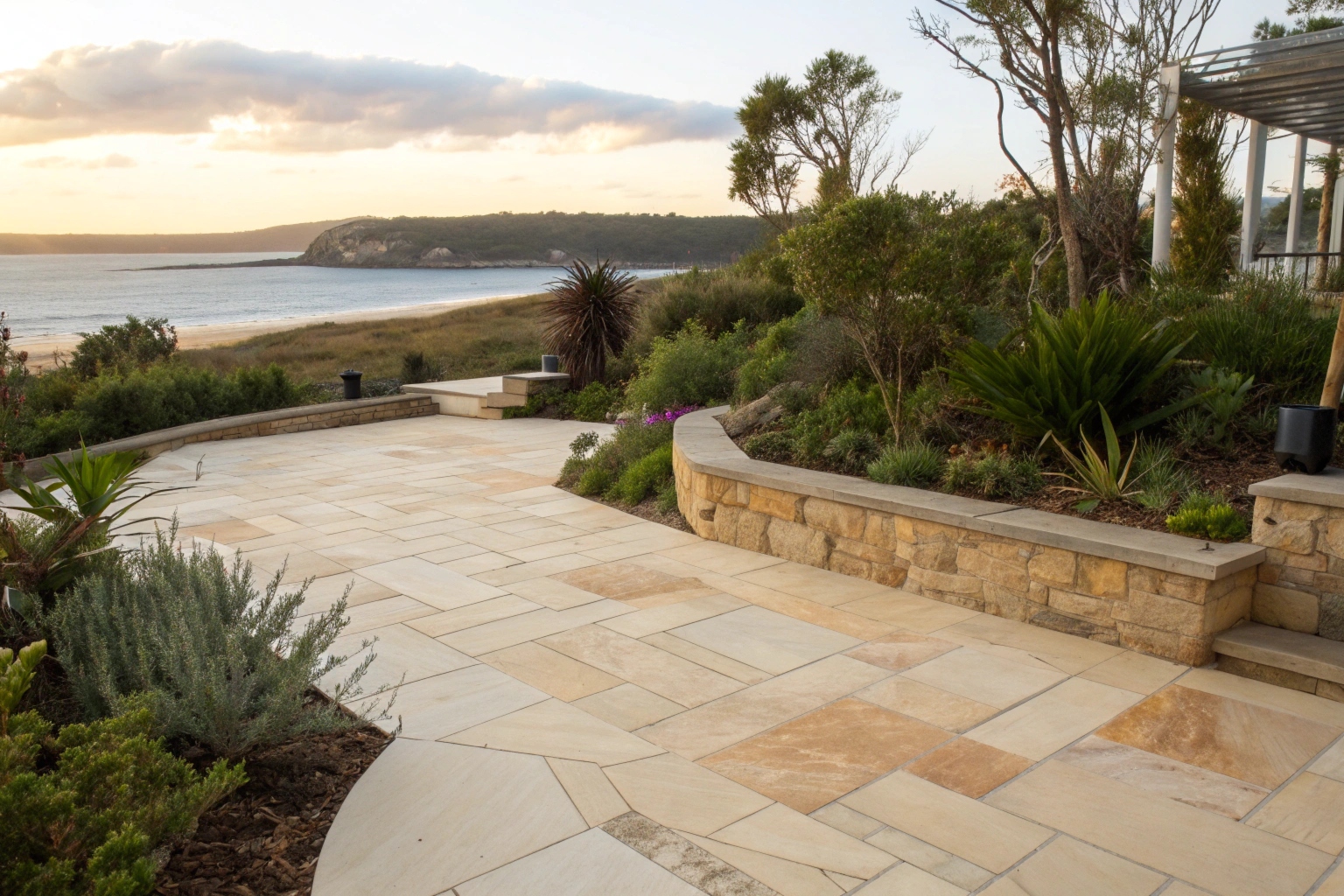 Australian sandstone paving patio Central Coast with natural earth tones