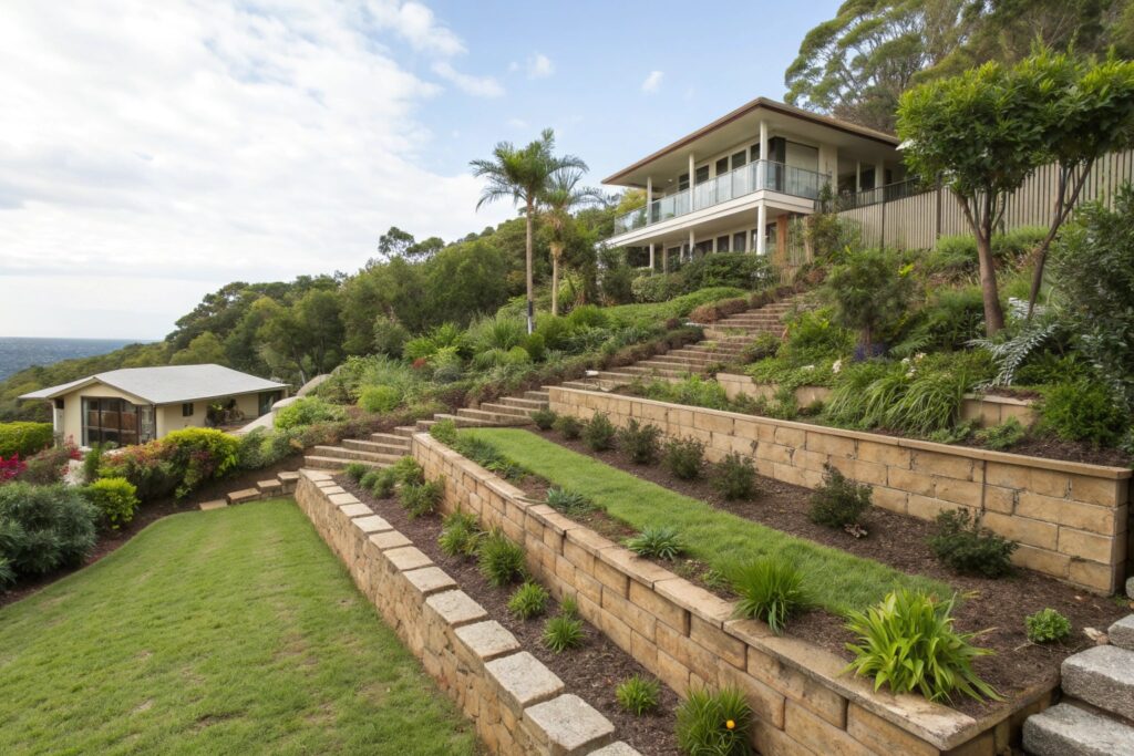 Slope drainage and erosion control system on terraced Central Coast residential property