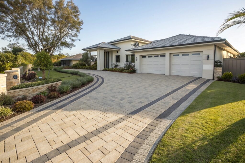 Double width paver driveway with feature strip Central Coast