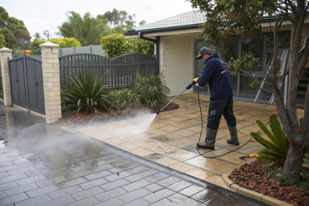 Professional pressure washing restoring weathered pavers on Central Coast property